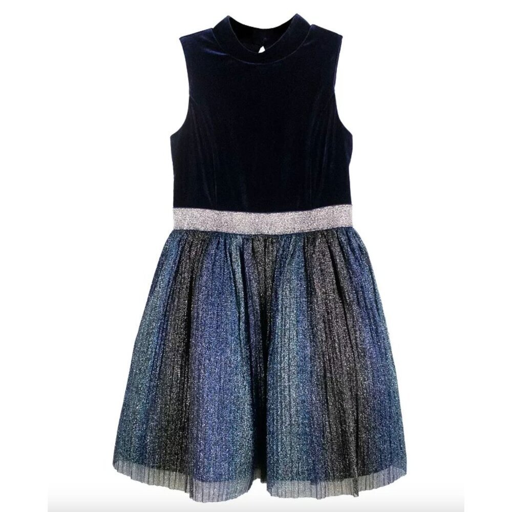 Zunie Girls Velvet Bodice with Pleated Shimmer Skirt Party Dress Blue Size 7